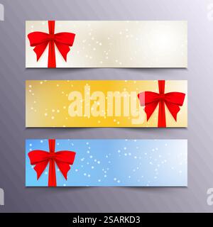 Chrismtas et bannières du nouvel an avec flocons de neige et arcs rouges sur fond bleu, jaune et blanc. Illustration vectorielle Illustration de Vecteur