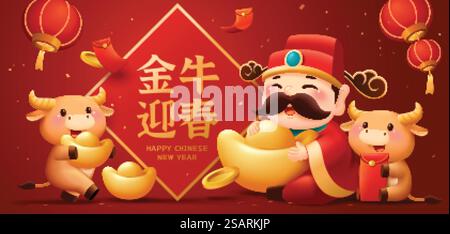 Bannière du nouvel an chinois 2021 avec des vaches mignonnes et Dieu de la richesse. Traduction : Bienvenue l'année du bœuf.. Bannière du nouvel an chinois 2021 Illustration de Vecteur