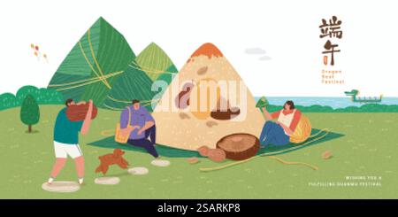 Bannière du festival des bateaux-dragons. Jeunes Asiatiques appréciant un pique-nique de boulettes de riz, avec zongzi enveloppé géant situé à côté. Nom de vacances Duanwu écrit en chinois. Let&rsquo;s aller sur un pique-nique de boulettes de riz Illustration de Vecteur