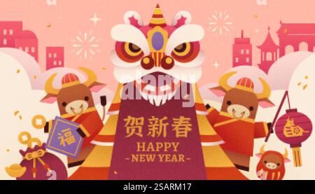 Bannière de danse du lion 2021 CNY. Taureaux mignons jouant autour du masque de danse du lion avec la silhouette de la ville en arrière-plan. Traduction : fortune, bonne année chinoise.. Danse du lion du nouvel an chinois 2021 Illustration de Vecteur