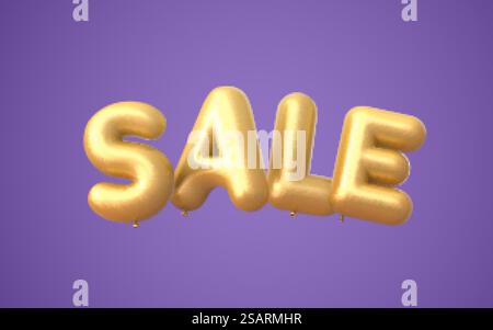 Mots de ballon de vente d'or isolés sur fond violet dans l'illustration 3D. Mots de ballon de vente dorée Illustration de Vecteur