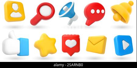 Icônes 3D des médias sociaux. Cloche de notification, pouce vers le haut comme, étoile de favoris et bouton de commentaire. Jeu de vecteurs de recherche, de mégaphone marketing et d'e-mail. Eléments pour la communication en ligne dans les sites de réseautage. Icônes 3D des médias sociaux. Cloche de notification, pouce vers le haut comme, étoile de favoris et bouton de commentaire. Jeu de vecteurs de recherche, de mégaphone marketing et d'e-mail Illustration de Vecteur
