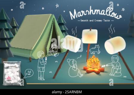 Guimauve bannière publicitaire en illustration 3d avec des enfants rôtissant des guimauves sur le feu de joie sur le site de camping. Bannière publicitaire Marshmallow avec camping Illustration de Vecteur
