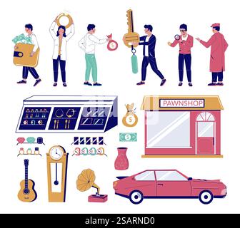 Jeu de caractères de dessin animé Pawnshop, illustration isolée plate vectorielle. Bijoutier de prêteur sur gage, prêteur sur gage, client. Bâtiment de prêteur sur gage, voiture, bijoux, pierres précieuses, antiquités, téléphones portables de guitare pour collatéral.. Jeu de caractères de dessin animé Pawnshop, illustration isolée plate vectorielle Illustration de Vecteur