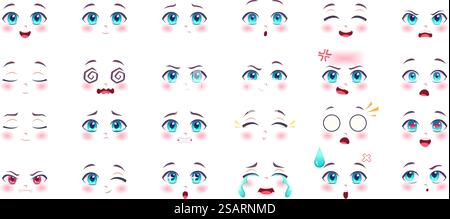 Expressions animées. Kawaii mignons visages avec les yeux, les lèvres et le nez de bande dessinée anatomie souriante filles manga images vectorielles exactes ensemble isolé. Illustration d'émoticône de sourire et de kawaii. Expressions animées. Kawaii mignons visages avec les yeux, les lèvres et le nez de bande dessinée anatomie souriante filles manga images vectorielles exactes ensemble isolé Illustration de Vecteur