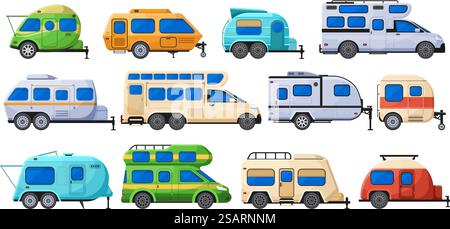 Caravanes de camping, maison de route touristique, voitures de camping et camping-cars. Camions routiers, ensemble d'illustration plate vectorielle de voitures de caravane de vacances en plein air. Camping-cars de tourisme et caravane pour voyager. Caravanes de camping, maison de route touristique, voitures de camping et camping-cars. Camions routiers, ensemble d'illustration plate vectorielle de voitures de caravane de vacances en plein air. Camping-cars de tourisme Illustration de Vecteur
