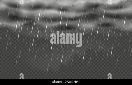 Arrière-plan de jour de pluie. Temps humide, ciel pluvieux avec nuages et gouttes de pluie tombantes. Illustration vectorielle réaliste de superposition de pluie isolée. Prévisions froides et orageuses, concept météorologique. Arrière-plan de jour de pluie. Temps humide, ciel pluvieux avec nuages et gouttes de pluie tombantes. Illustration vectorielle réaliste de superposition de pluie isolée Illustration de Vecteur