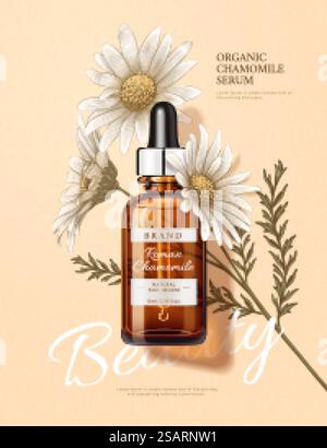 illustration 3d de l'annonce de produit de beauté, conçu avec la camomille de gravure et la bouteille compte-gouttes réaliste, concept naturel de soins de la peau. Modèle d'annonce pour produit de beauté Illustration de Vecteur