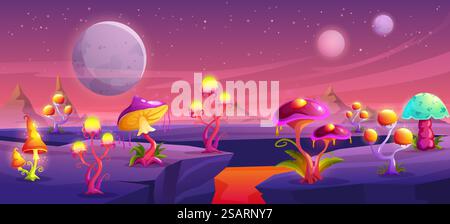 Surface de la planète champignon fantaisie. Forêt extraterrestre, monde de champignon de l'espace magique et champignon géant terre de vecteur de bande dessinée illustration panoramique de fond d'arrière-plan de fantaisie de champignon. Surface de la planète champignon fantaisie. Forêt extraterrestre, monde de champignons de l'espace magique et champignons géants terre de vecteur de dessin animé illustration panoramique de fond Illustration de Vecteur