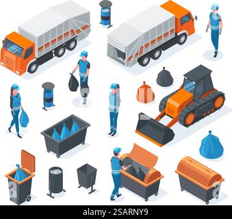 Décharge isométrique 3d d'ordures, bulldozer, camion à ordures et charbons. Ensemble d'illustration vectorielle d'équipement de recyclage des ordures et de conteneurs à ordures. Déchets urbains de service de recyclage des déchets et de collecte des ordures. Décharge isométrique 3d d'ordures, bulldozer, camion à ordures et charbons. Ensemble d'illustration vectorielle d'équipement de recyclage des ordures et de conteneurs à ordures. Service de recyclage des déchets urbains Illustration de Vecteur