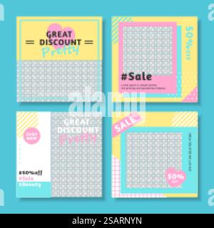 Modèle de conception de publication de médias sociaux de vente de mode, ensemble de modèle de bannière d'illustration carrée minimale modifiable, adapté aux publications de médias sociaux et aux annonces Web. Vente de mode en ligne publicité post design Illustration de Vecteur