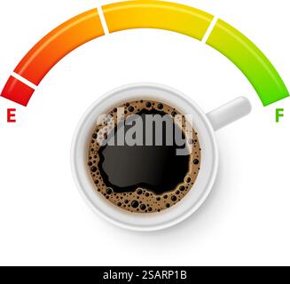 Combustible pour café. Tasse à expresso pleine de puissance, plein niveau d'énergie et jauge de gaz pour l'illustration vectorielle des amateurs de caféine. Échelle colorée avec indicateur, café d'arôme foncé, mesure d'énergie. Combustible pour café. Tasse à expresso pleine de puissance, plein niveau d'énergie et jauge de gaz pour l'illustration vectorielle des amateurs de caféine Illustration de Vecteur