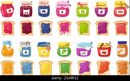 Toast étalé avec des confitures. Confiture en verre et gelées pots pour pâtes à tartiner, conserves sucrées savoureuses et tranches de pain grillé vecteur ensemble de pain grillé de pain grillé avec de la confiture de fruits, illustration de dessert de nourriture de petit déjeuner. Toast étalé avec des confitures. Pots de confiture et de gelées en verre pour pâtes à tartiner, conserves sucrées savoureuses et tranches de pain grillé ensemble vecteur Illustration de Vecteur