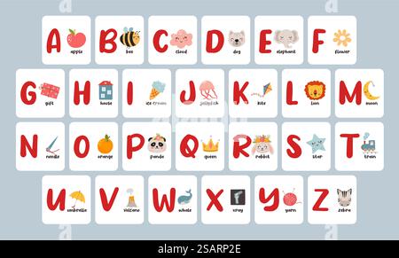Cartes alphabet de dessin animé vintage. Apprenez ABC avec des enfants, affiche éducative avec des lettres et des illustrations mignonnes pour l'ensemble clipart vectoriel de maternelle et d'école. Police pour enfants avec des personnages drôles. Cartes alphabet de dessin animé vintage. Apprenez ABC avec des enfants, affiche éducative avec des lettres et des illustrations mignonnes pour l'ensemble clipart vectoriel de maternelle et d'école Illustration de Vecteur