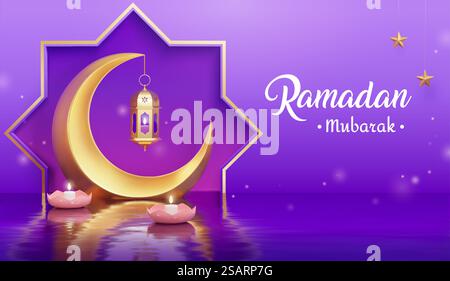 Modèle de bannière de vacances islamique 3D. Croissant de lune avec une lanterne fanoos et des bougies blanches flottant sur la surface de l'eau. Concept de foi et de sainteté.. Bannière de concept sacré de fête islamique Illustration de Vecteur