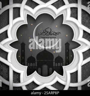 Conception de Ramadan Kareem, affiche de voeux de calligraphie arabe avec mosquée et paysage en croissant en blanc et gris foncé, motif géométrique. Design Ramadan Kareem Illustration de Vecteur