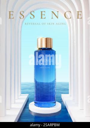 conception de scène surréaliste 3d avec couloir en arc de marbre blanc de luxe au milieu de l'océan bleu. Maquette de bouteille essence sur le podium. Concept d'hydratation de la peau.. Pub sérum avec couloir en arc blanc Illustration de Vecteur