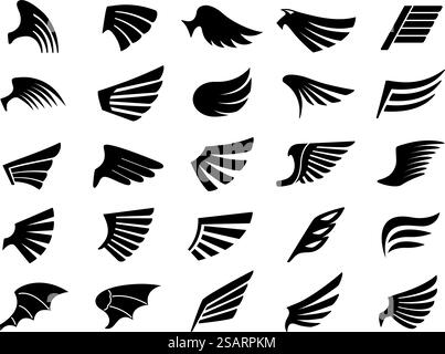 Icônes d'ailes de pochoir. Emblème de mouche rapide, aile d'oiseau de liberté d'aigle, ange Saint et ailes de démon vecteur ensemble d'ange de plume d'emblème, illustration d'oiseau d'aile. Icônes d'ailes de pochoir. Emblème de mouche rapide, aile d'oiseau de liberté d'aigle, ange Saint et vecteur d'ailes de démon Illustration de Vecteur