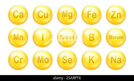 Ensemble de vecteurs d'icônes de minéraux. Capsules 3D Pills Drop. Comprimés abstraits dorés. Complexe vitaminique pour soins de beauté de la peau. Symboles de santé de la médecine EPS10 Illustration de Vecteur