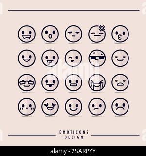 Émoticônes rétro définies dans un style de ligne fine. Émoticônes rétro Illustration de Vecteur