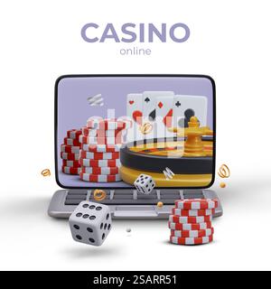 Concept de casino en ligne. Ordinateur portable ouvert, piles de jetons, roulette, cartes à jouer, dés. Participation à distance aux jeux d'argent. Publicité de site Web de jeu avec composition de couleur 3D. Invitation à jouer. Concept de casino en ligne. Ordinateur portable ouvert, piles de jetons, roulette, cartes à jouer, dés Illustration de Vecteur