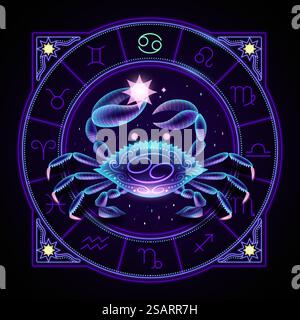 Signe du zodiaque du cancer représenté par un crabe élevant son chela. Symbole horoscope néon en cercle avec d'autres signes astrologiques.. Signe néon du zodiaque du cancer Illustration de Vecteur