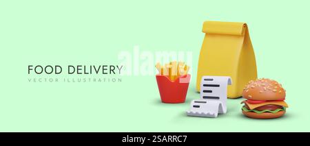 Concept de livraison de nourriture. Emballage jaune sans marque, reçu de caisse, frites, hamburger. Publicité du site, application pour la commande en ligne. Modèle de vecteur sur fond vert, place pour logo, offre promotionnelle. Concept de livraison de nourriture. Emballage jaune sans marque, reçu de caisse, frites, hamburger. Illustration de Vecteur