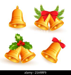 Cloches de Noël dorées avec branches de pin et arc rouge isolé sur fond blanc. Collection de décorations vectorielles EPS10 Illustration de Vecteur
