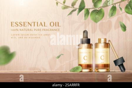 Annonce de produit de beauté, concept de soins naturels de la peau, maquettes de bouteille compte-gouttes sur fond de bois avec des feuilles d'eucalyptus. Modèle de publicité pour produits de soins de la peau Illustration de Vecteur