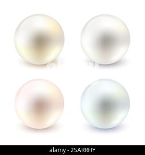 Ensemble de perles de différentes couleurs réalistes. collection de perles brillantes 3d isolé sur fond blanc. Rose, or, argent, perle nacrée bleue, pierres précieuses, nacre de la coquille de mer. Illustration vectorielle Illustration de Vecteur
