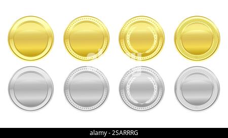 Collection de pièces d'or et d'argent. Jeu de logos Medals. Des prix ronds brillants. Cadres blancs de luxe, emblèmes de décoration. Modèle de conception graphique abstrait isolé Illustration de Vecteur