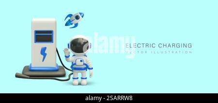 Station de charge électrique. L'astronaute recharge la fusée. Bannière vectorielle avec place pour le texte. Concept commercial, borne de recharge publicitaire. Nouvelles technologies. Énergie propre. Station de charge électrique. L'astronaute recharge la fusée. Bannière vectorielle avec place pour le texte Illustration de Vecteur