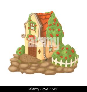 Maison de campagne de dessin animé avec jardin isolé sur fond blanc. Tracé vectoriel eps10 Illustration de Vecteur