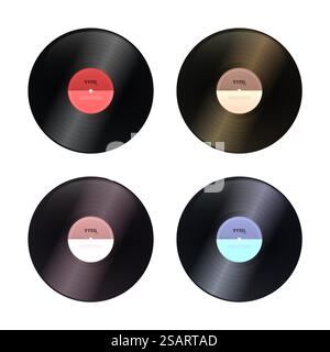 Gramophone vinyle LP disques avec labels. Disque d'album musical long play noir ancienne technologie, design rétro réaliste, illustration vectorielle isolée sur fond blanc eps10 Illustration de Vecteur