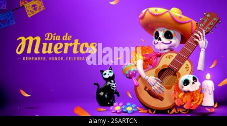 Jour des morts ou bannière dia de muertos. squelette mignon 3d jouant de la guitare la nuit avec des pétales de souci tombant autour.. Bannière 3d dia de Muertos Illustration de Vecteur