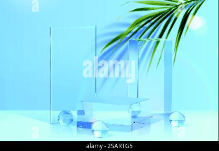 présentoir en verre 3d décoré avec des feuilles tropicales, des boules de cristal et des assiettes. Belle conception de scène adapté pour le produit d'été.. présentoir en verre 3d pour produits Illustration de Vecteur