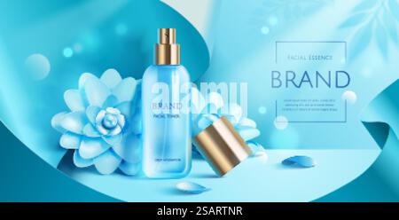 modèle d'annonce cosmétique de luxe 3d, maquette de distributeur de toner facial avec des fleurs bleues et décoration de vague de papier sous la lumière du soleil.. modèle d'annonce cosmétique de luxe 3d. Illustration de Vecteur