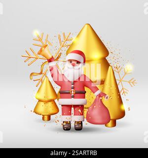 Père Noël 3D avec cloche et arbre de Noël en or. Render Happy New Year Decoration Banner. Joyeux Noël. Nouvel an et fête de Noël. Illustration vectorielle réaliste. Père Noël 3D avec cloche et arbre de Noël en or Illustration de Vecteur