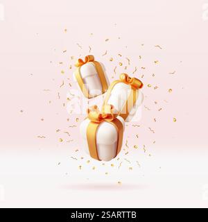 Boîtes cadeaux 3D avec confettis dorés. Rendre la boîte enveloppée en paillettes dorées. Noël nouvel an, soldes, Shopping. Boîte de cadeau avec des rubans de noeuds. Coffret cadeau pour la Saint-Valentin, anniversaire, vacances. Illustration vectorielle. Boîtes cadeaux 3D avec confettis dorés. Illustration de Vecteur