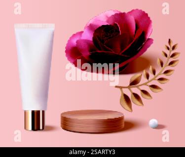 illustration 3d d'éléments pour les annonces de produits cosmétiques, y compris rose de papier, feuille d'or, scène en bois, perle et tube en plastique.. 3d éléments cosmétiques de luxe Illustration de Vecteur