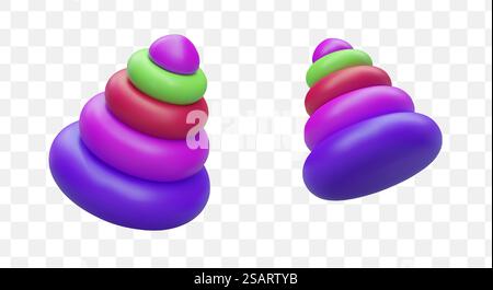 Jouet pyramidal dans différentes positions. jouets 3d pour concept d'enfants. Pyramide avec des anneaux colorés pour magasin de jouets. Illustration vectorielle en vert, rouge et violet. Jouet pyramidal dans différentes positions. jouets 3d pour concept d'enfants Illustration de Vecteur