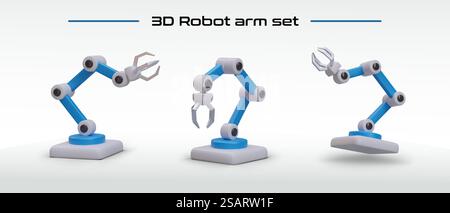 Jeu de mains robotiques dans différentes positions. Manipulateurs mécaniques bleus. Dispositif automatisé pour remplacer l'homme en production. EQUIPEMENT programmable, commande de l'opérateur. Jeu de mains robotiques dans différentes positions. Manipulateurs mécaniques bleus Illustration de Vecteur