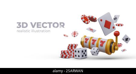 Machine à sous colorée réaliste, piles de jetons de poker, jouer aux dés, cartes. Concept de différents types de jeu. Composition vectorielle avec place pour le texte publicitaire. Machine à sous colorée réaliste, piles de jetons de poker, jouer aux dés, cartes Illustration de Vecteur