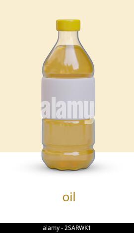 Bouteille transparente 3D avec huile. Récipients jetables en plastique pour liquides. Maquette, emballage avec étiquette blanche vierge. Produit végétal naturel. Affiche verticale avec texte. Bouteille transparente 3D avec huile. Récipients jetables en plastique pour liquides Illustration de Vecteur