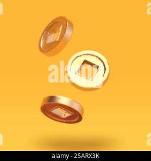 Illustration 3d d'anciennes pièces d'or mat japonaises ou chinoises. Pièces japonaises de dessin animé 3D. Illustration de Vecteur