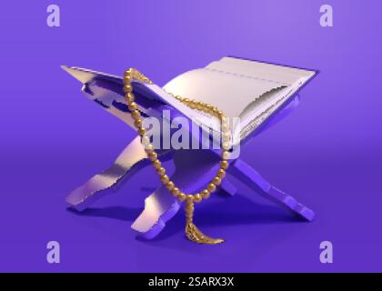 3d Saint Coran ou Bible sur support de livre stand avec chapelet. Élément de religion pour les événements islamiques ou les fêtes chrétiennes.. 3d Coran ou Bible sur le support de livre Illustration de Vecteur