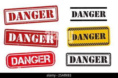Ensemble de vecteurs de tampon danger. Vieux signes d'avertissement grunge sur papier blanc Illustration de Vecteur