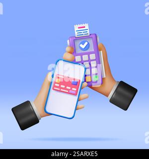 Terminal de paiement 3D en main avec smartphone et reçu. Render Modern POS Bank Payment Device. Paiement machine à clavier NFC. Illustration vectorielle de transaction de paiement sans contact du lecteur de carte de débit de crédit. Terminal de paiement 3D avec smartphone et reçu Illustration de Vecteur
