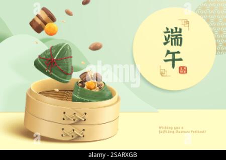 3d Duanwu Festival bannière avec boulettes de riz tombant dans le vapeur de bambou. Traduction chinoise : Festival des bateaux-dragons le 5ème jour du 5ème mois lunaire. Bannière de Festival Duanwu dans le style 3D. Illustration de Vecteur