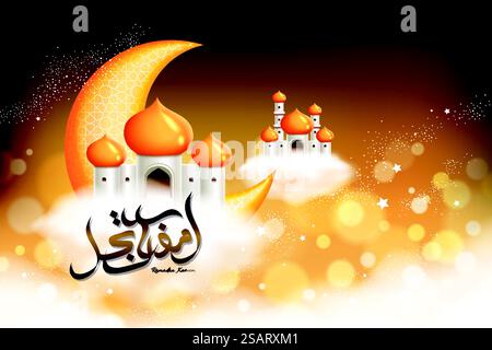 Conception de calligraphie Ramadan Kareem avec mosquée dôme d'oignon jaune mignon sur fond chatoyant bokeh. Belle calligraphie Ramadan Kareem Illustration de Vecteur